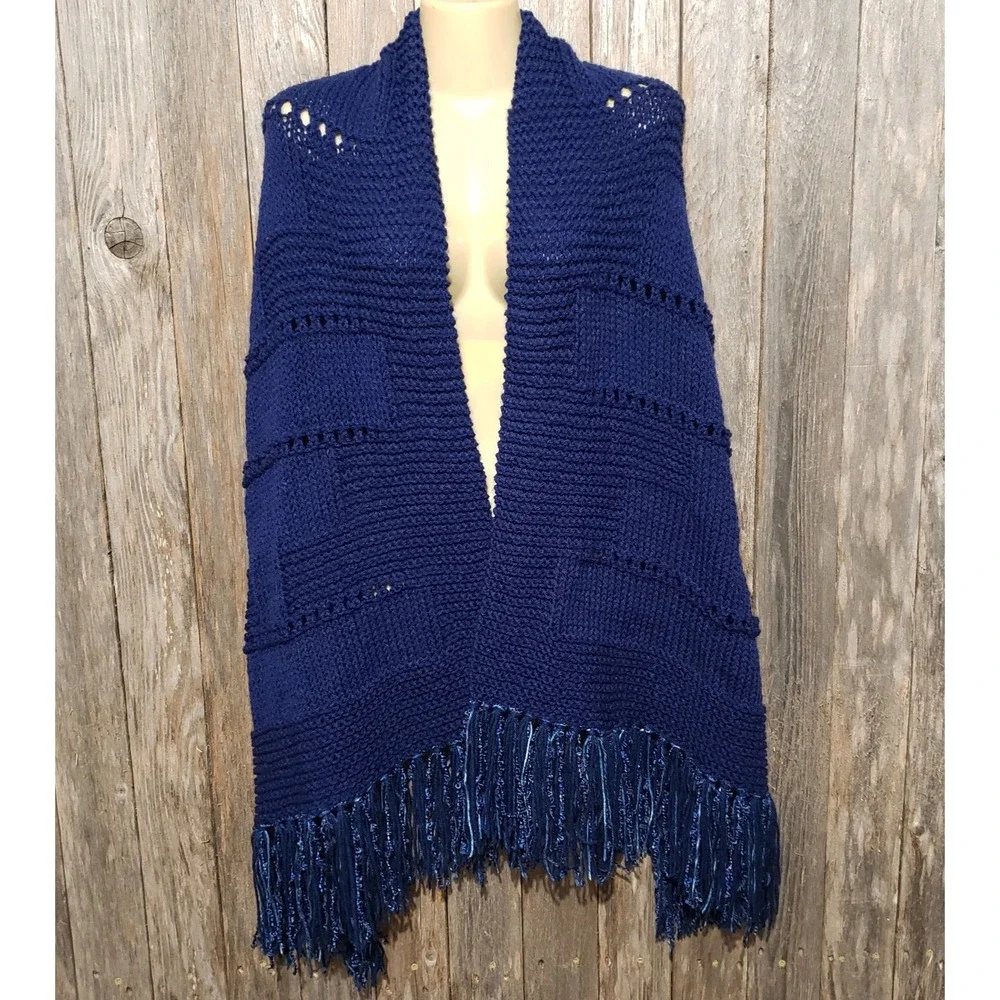 NEW Navy Blue Hand Knitted Shawl Wrap Scarf Eyelet Boho Coastal Glam Artsy Indie